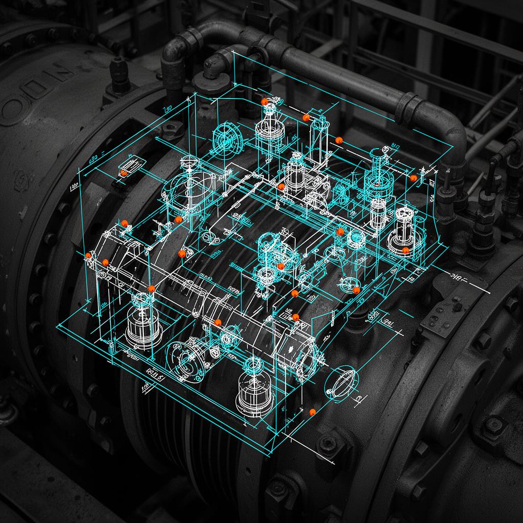 Technical CAD blueprint overlay on industrial turbine showing verification discrepancies